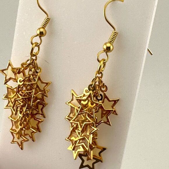 Gold Plated Stars Cluster Earrings Statement Earrings Gold Plated Ear Wire - Picture 1 of 12